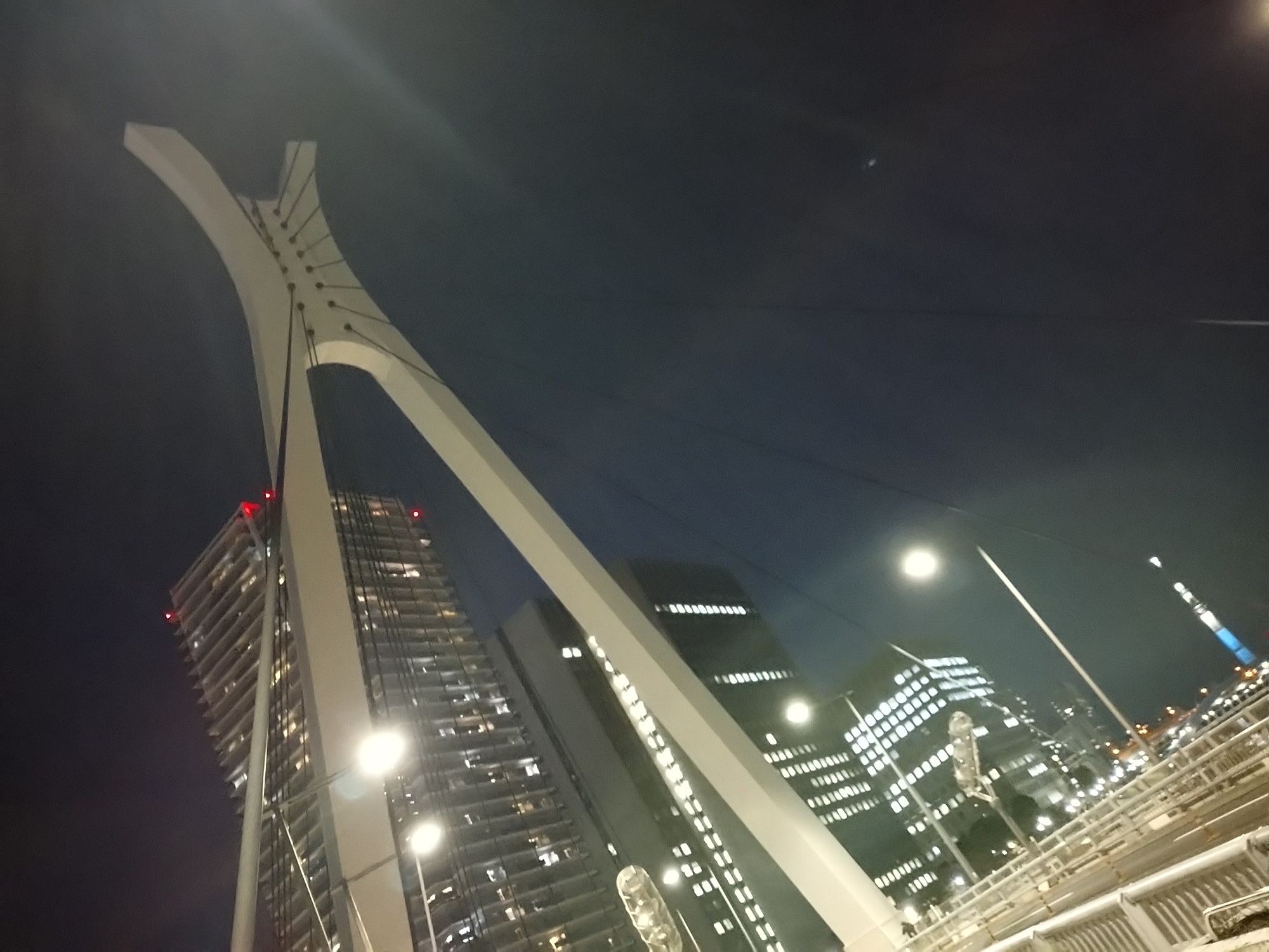 夜の街に立つ塔とビル群