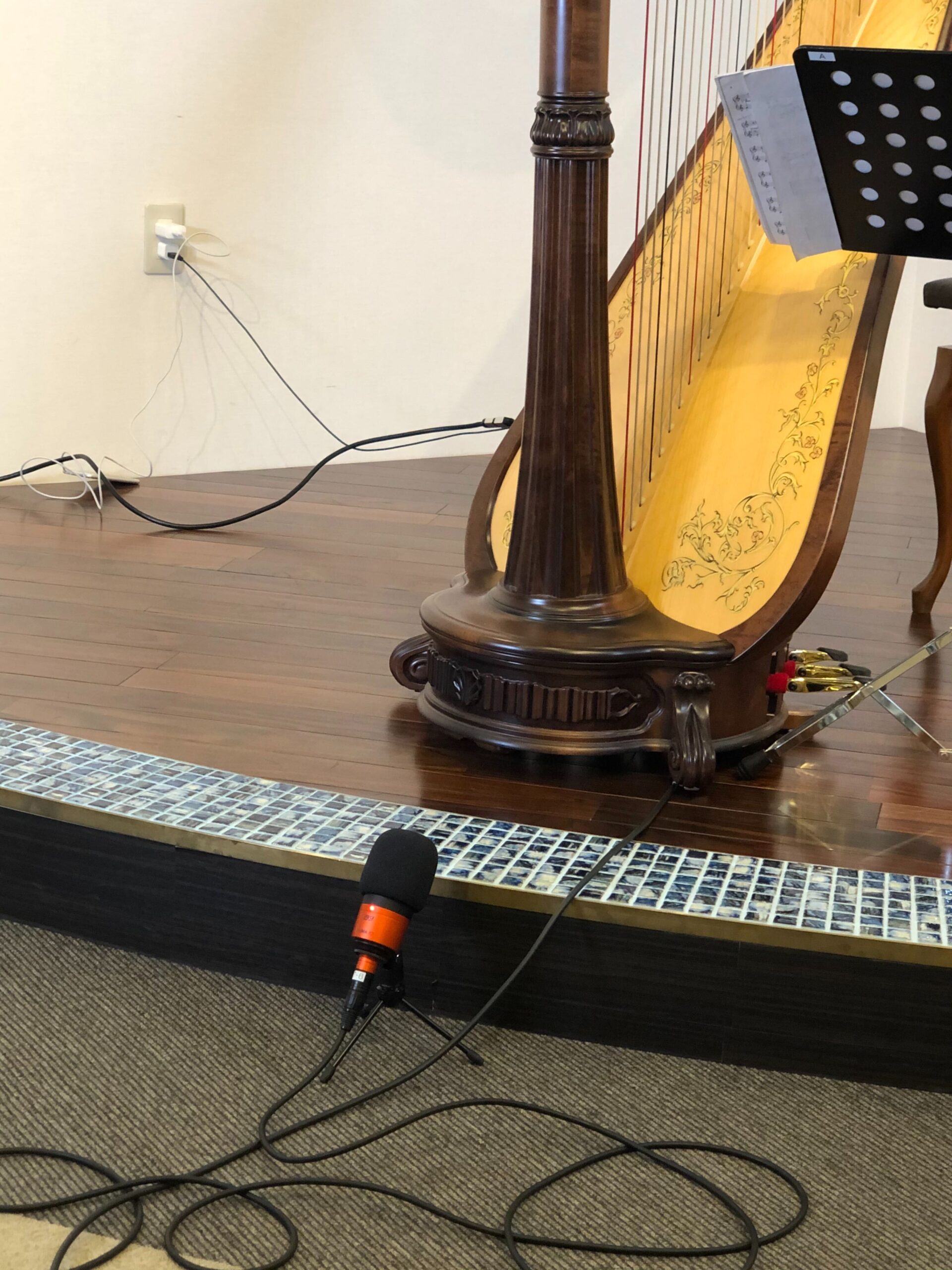 ハープの音を拾うために足元に設置したマイク
