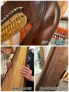 拭き上げの重点箇所(ボディ上部左側・響板の中間・膝が当たる部分)を示した図