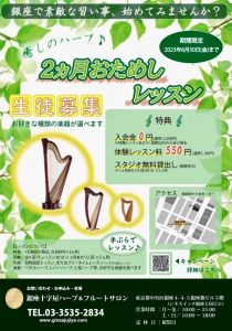 「癒しのハープ♪2ヶ月おためしレッスン」生徒募集のチラシ