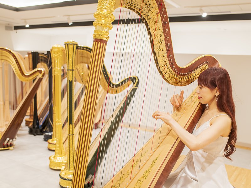 ドレス姿の奏者が金色のグランドハープを演奏する様子