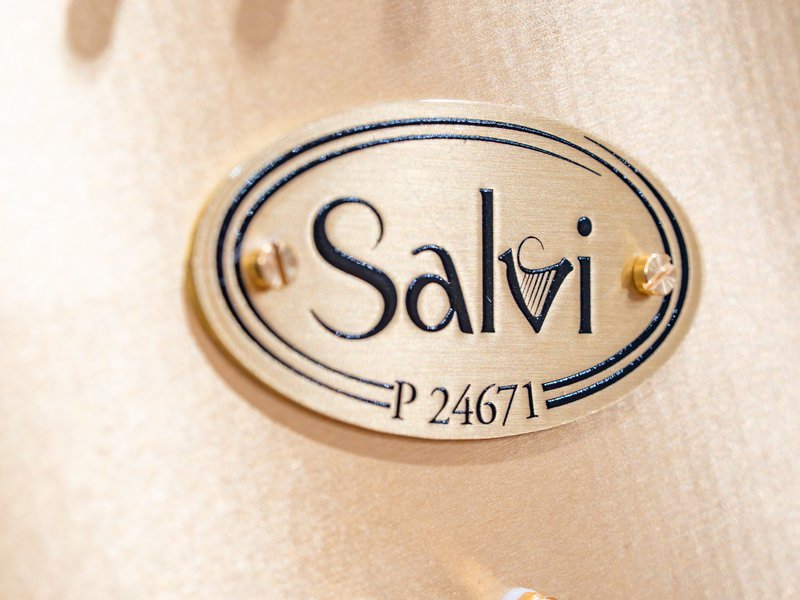 サルヴィハープの響板に取り付けられた、Salviのロゴが刻まれた金色のブランドプレート